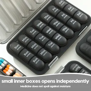 Weekly 7-Day Pill Case Daily Medicine Planner Vitamin Organizer Container with Large Push Button Compartments Easy to Use 3&4 Times a Day Spring Open Design Non-Slip Matte Black BPA-Free Healthcare XL Privacy Protection easy filling plastic opening pick