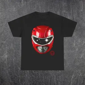 Red Power Ranger MMPR Tee - Casual Vintage Graphic T-Shirt with Red Mask Design,90s Retro Tokusatsu Aesthetic Graphic T-Shirt Sci-Fi Cyborg Streetwear Top Crimson Warrior Helmet Premium Heavyweight Cotton Black Crewneck Unisex
