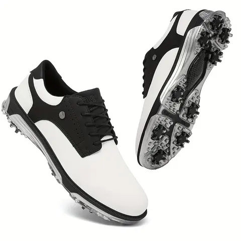 Men's Low Top Leather & Faux Leather Athletic Footwear Sneakers - Waterproof, Lightweight, Breathable, Basic, Fashionable, Fabric, Achilles Pad, Built-In Spiked Sole Traction, Male Durable Lace Detail Sneakers for On-Course & Casual All-Season Use