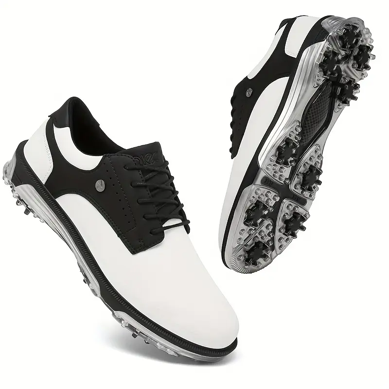 Male Leather & Faux Leather Spiked Sole Sports Shoes - Waterproof, Lightweight, Breathable Athletic Sneakers with Achilles Pad for All-Season On-Course Traction, Golf Casual Shoes, Low Top, Fashion, Built-In Spikes Men's Golf Shoes