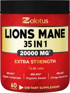 Skrilla's 35 in 1 Lions Mane Mushroom Capsules, Equivalent to 20000mg, with Cordeyceps, Reishi, Elderberry, Ashwagandha, Panax Ginseng - Focus, Memory and Brain Support Supplement, Immune Support, Energy Pills