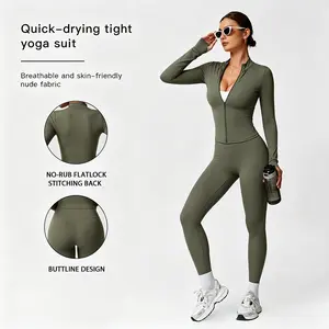 Aoqta Women's 2 Piece Zipper Stand Collar Yoga Set, Slim Fit Long Sleeve Cropped Top + High Waist Skinny Pants, Stretch Activewear for Gym, Outdoor Sports & Daily Wear