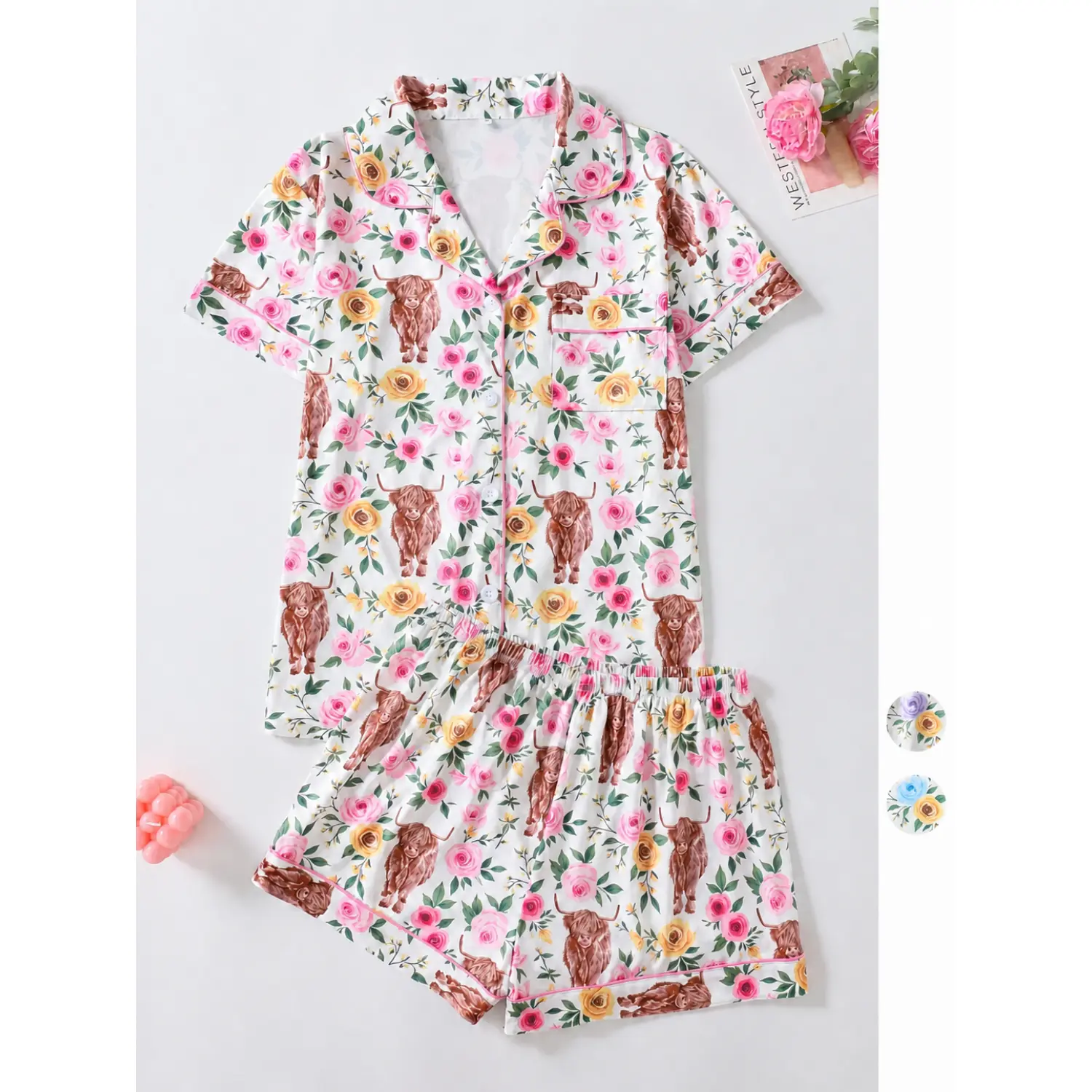 Elegant Two-Piece Rose Highland Cow Print Women's Silk Pajama Set - Soft, Lightweight, Loose Fit