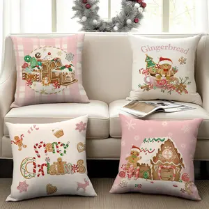 4pcs pink Christmas pillow cover, snowflake gingerbread house pattern cushion cover, 18x18 inches, gingerbread truck gingerbread man warm hot drink printed pillow cover, winter holiday home sofa decoration, Christmas decoration (without pillow core)