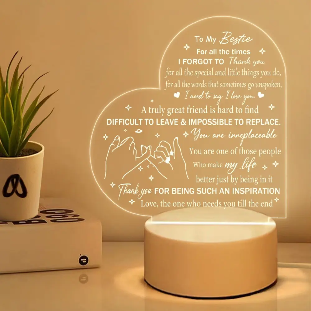 Heart-Shaped Acrylic Night Light for Bestie – "To My Bestie" Friendship Gift for Birthday & Christmas novelty mama desk decor sign wall baby Large LED Digital Clock perfect new ornament gold dopamine Frameless Modern Wall Decor ideal set year decoration