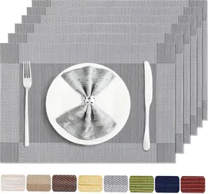 Placemats Set of 6 Washable&Wipeable Silver Place mats for Dining Table Kitchen Indoor Outdoor Table Mats Heat Resistant Non Slip Woven Vinyl Table Placemats (Grey,6PCS)