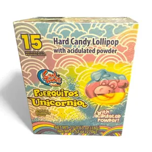 Puerquitos Unicorn- Piggy Lollipops with Sweet Unicorn colored Candy Dipping Powder