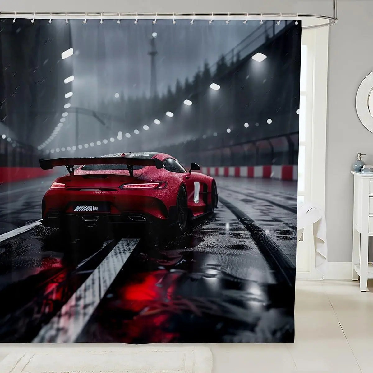 Race Car Shower Curtain Speed Sports Car Bath Curtain Waterproof Theme Sports Bathroom Shower Curtain Set Cool Modern Bathroom Accessories