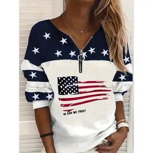 American Flag Printed Pullover Sweatshirt, Casual Long Sleeved Zipper Sweatshirt For Autumn And Winter, Women'S Clothing