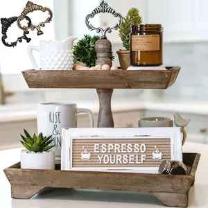Creative Home Goods Rustic Wood Two Tiered Tray Rectangle 2 Tier Serving Tray for Coffee Bar, Kitchen Counter, Dining Room Table, Cupcake Stand, Holiday and Farmhouse Decor (Rustic Brown)