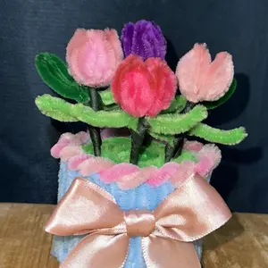 Handmade Pipe Cleaner Flowers in Blue Pot with Pink Bow Decorative & Waterless Long-lasting Gift for Home Decor