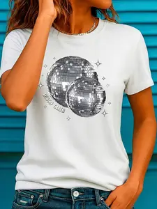 Women's Silver Color Mirror Ball Print T-Shirt, Soft Breathable Summer Casual Streetwear Round Neck Short Sleeve Top, Slim-Fitting Without Zipper