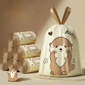 55pcs/1 Roll Beaver Trash Bags, Tear-Resistant Cartoon Print Drawstring Large Size Garbage Bags, Automatic Seal Plastic Bags for Living Room Kitchen
