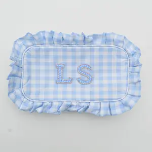 Personalized Sorority Sister Blue Gingham Makeup Bag, Bachelorette Party Gift