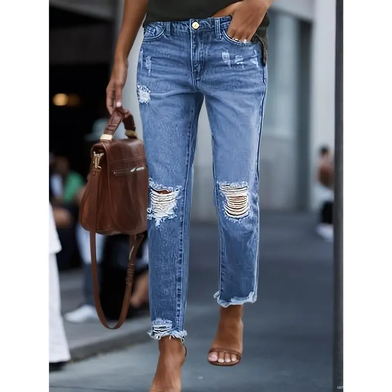 Women's Vintage Ripped Denim Jeans - Stretchy Straight Leg Cropped Pants with Five-Pocket Design, Faded Wash, Relaxed Summer Street Style, Casual Chic Look, Light Blue Distressed Denim