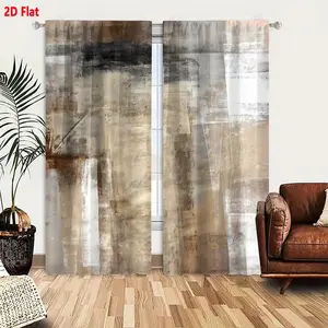 2D Flat 2-Piece Abstract Earthy Tone Beige Brown Gray Curtain Set with Textured Overlapping Brushstrokes & Metallic/White Accents, Layered Collage-Like Irregular Vertical Horizontal Segments, Soft Worn Atmospheric Design, Window Curtain