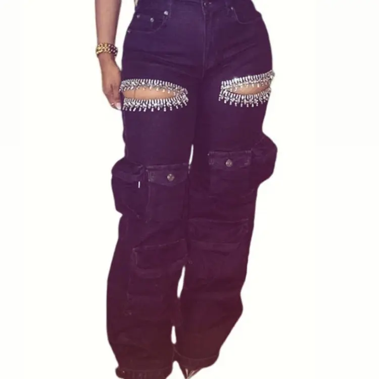 Women's Rhinestone Embellished Stretch Cargo Jeans with Multi-Pocket Design - TALL GIRL FRIENDLY Bottoms - Womenswear