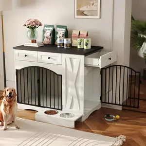 43.3" Farmhouse Dog Crate Furniture with 3 Drawers, Heavy Duty Wooden Indoor Dog Kennel & End Table with Removable Feeder for Medium to Large Dogs