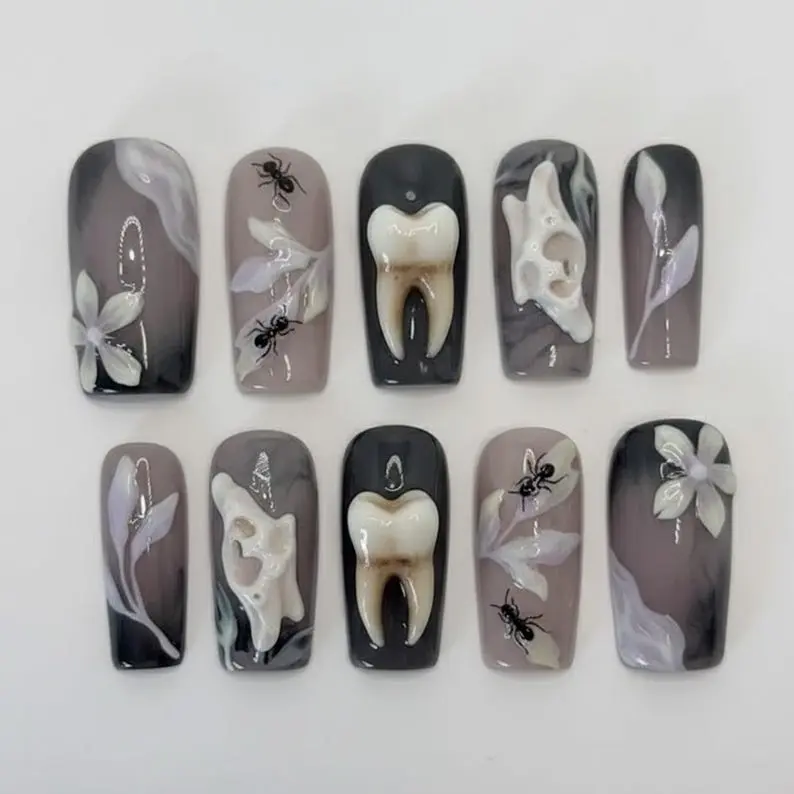 Surrealist Teeth Nails 3D Human Tooth Ant And Skull Bone Press On Nails