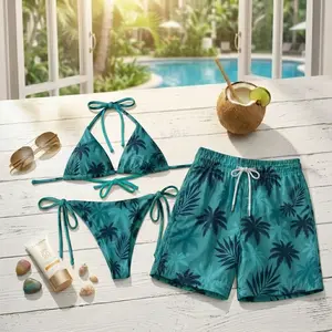 [Hot Summer 2026] - Teal Palm Tree Couple Set, Matching Bikini & Men Shorts Tropical Summer Design