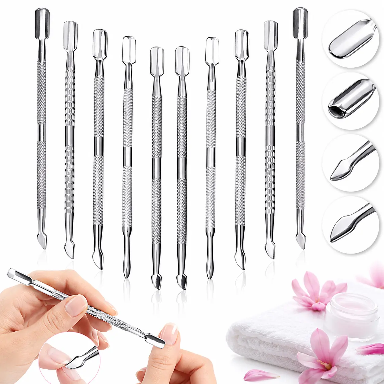 Professional 10-Piece Cuticle Pusher and Peeler Set, Durable Stainless Steel Double End Tools for Manicure, Pedicure & Gel Polish Removal, Nail Supplies, Wash After Use, Handle, Friends, Family, Personal Use, Package Included, 2-In-1 Double Ended Design,,