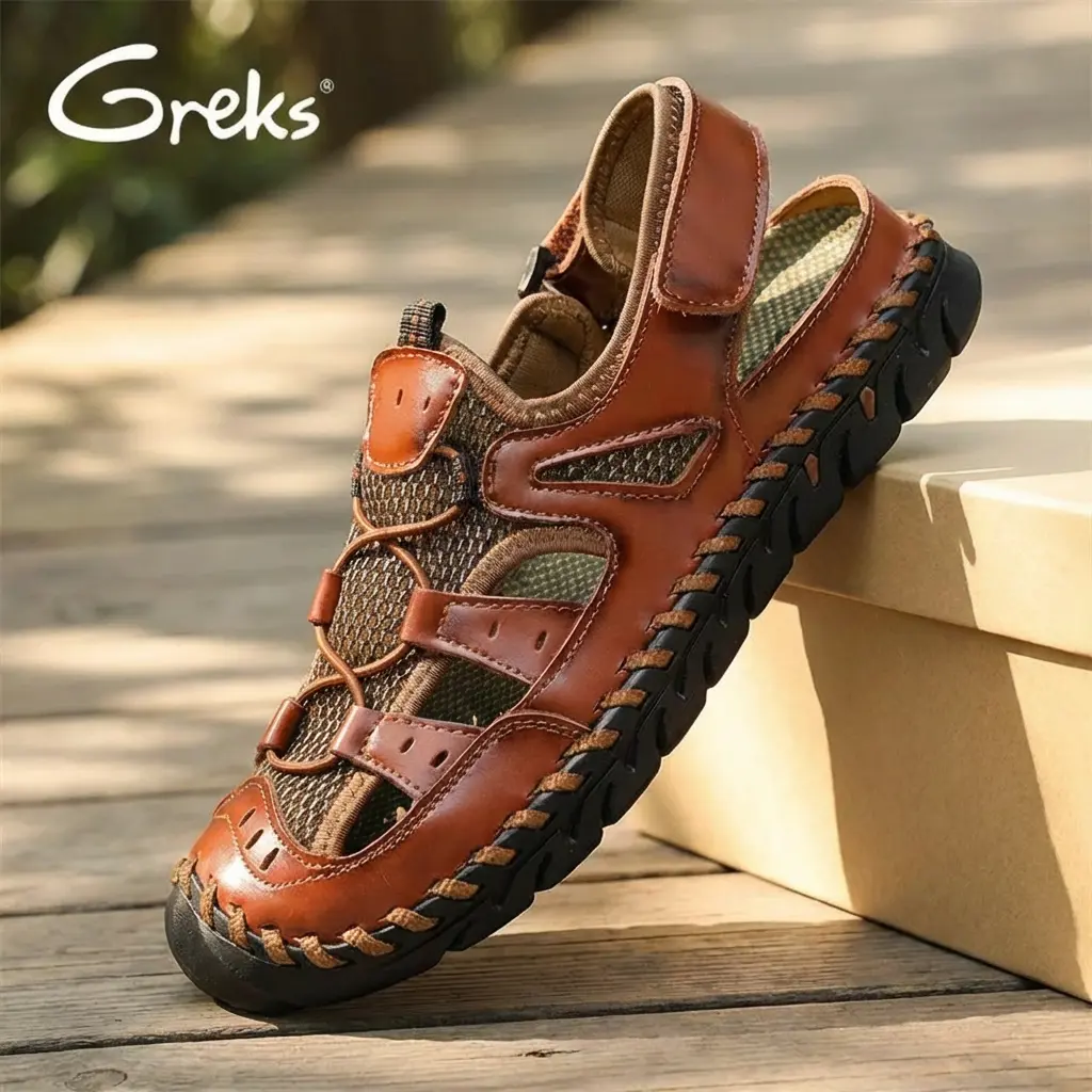 GREKS Men's Handmade Fisherman Sandals, Closed Round Toe Outdoor Casual Style with Breathable Mesh and Adjustable Ankle Strap