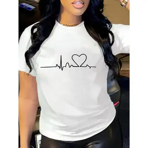 Heart Print T-shirt, Short Sleeve Crew Neck Casual Top For Summer & Spring, Women's Clothing, Black Graphic Tee, Spandex Fabric, Regular Length