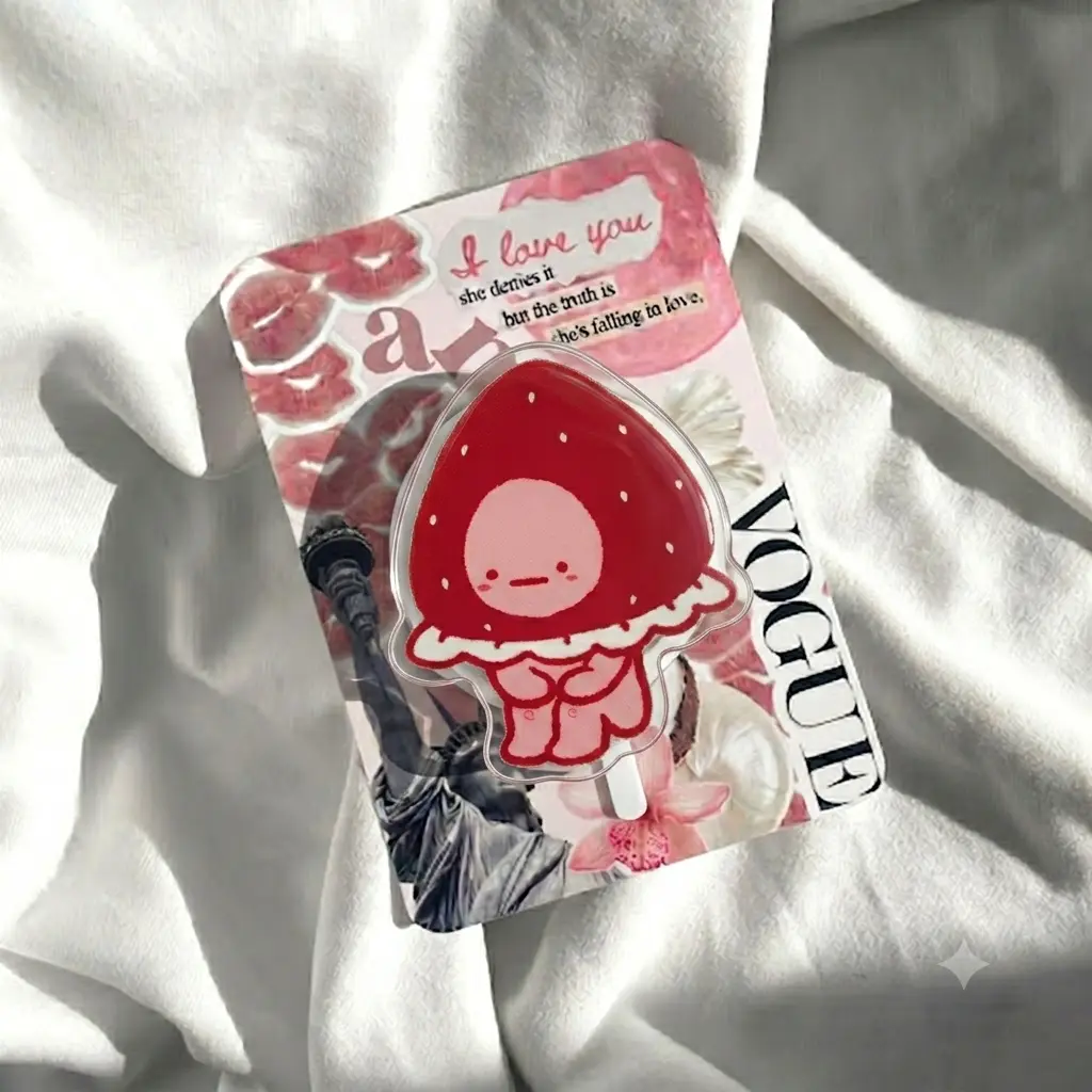 Kawaii Strawberry Baby Acrylic Phone Grip Cottagecore Aesthetic Phone Holder Cute Berry Fruit Phone Accessory Romantic Red Kiss Gift for Her