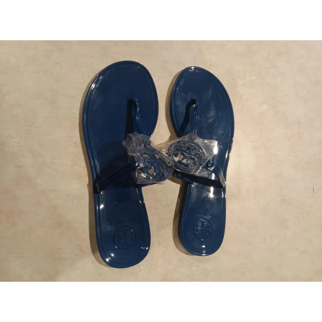 Tory Burch Blue Flip Flops with Clear Tassels and Logo Design for Women's Summer Footwear