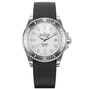 Oceaneva Men's Deep Marine Explorer II - 1250M Swiss Dive Watch with Damascus Steel White Dial & FKM Rubber Band