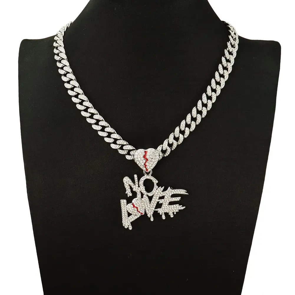 Best-Selling Personalized Jewelry Rhinestone "Nolo" Love Letter Pendant, Heartbreak Design Cuban Chain Hip-Hop Fashion Necklace, Gold-Tone Heart Pendant Necklaces