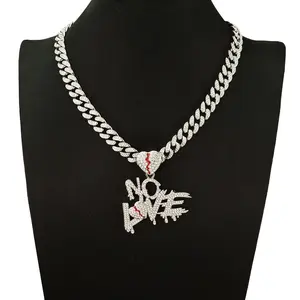 Best-Selling Rhinestone Nolo Love Letter Pendant Hip-Hop Fashion Creative Personalized Heartbreak Design Cuban Chain Necklace