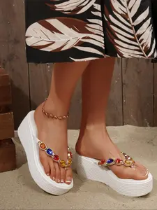 Women's Fashionable Rainbow Color Chain Decor Platform Sandals, Casual Comfortable Wedge Sandals for Beach Vacation, All-match Commuter Shoes for Daily Wear, Girl