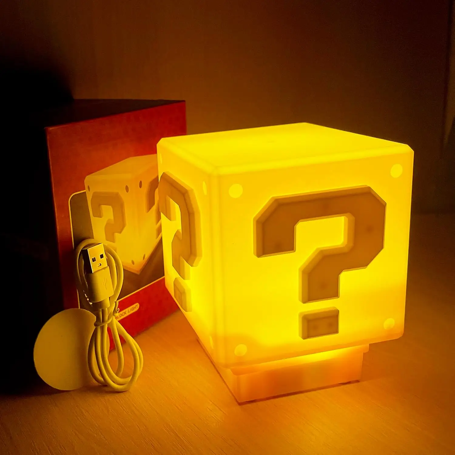 Super Bros Question Block Lamp,Square LED Night Light with USB Cable,Table Lamp with Play Game Coin Sound Effect,Bedside Lamp Decor Toy Gift for Boy G