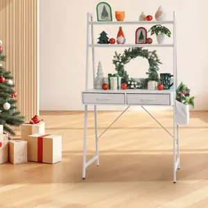 【Christmas Gift】Freestanding Ladder Make Up Vanity Desk with 2 Fabric Drawers & Side Bag, Small Desk with Power Outlets, 2 Tier Shelf & Home Office Study Reading Desk , Small Space, White