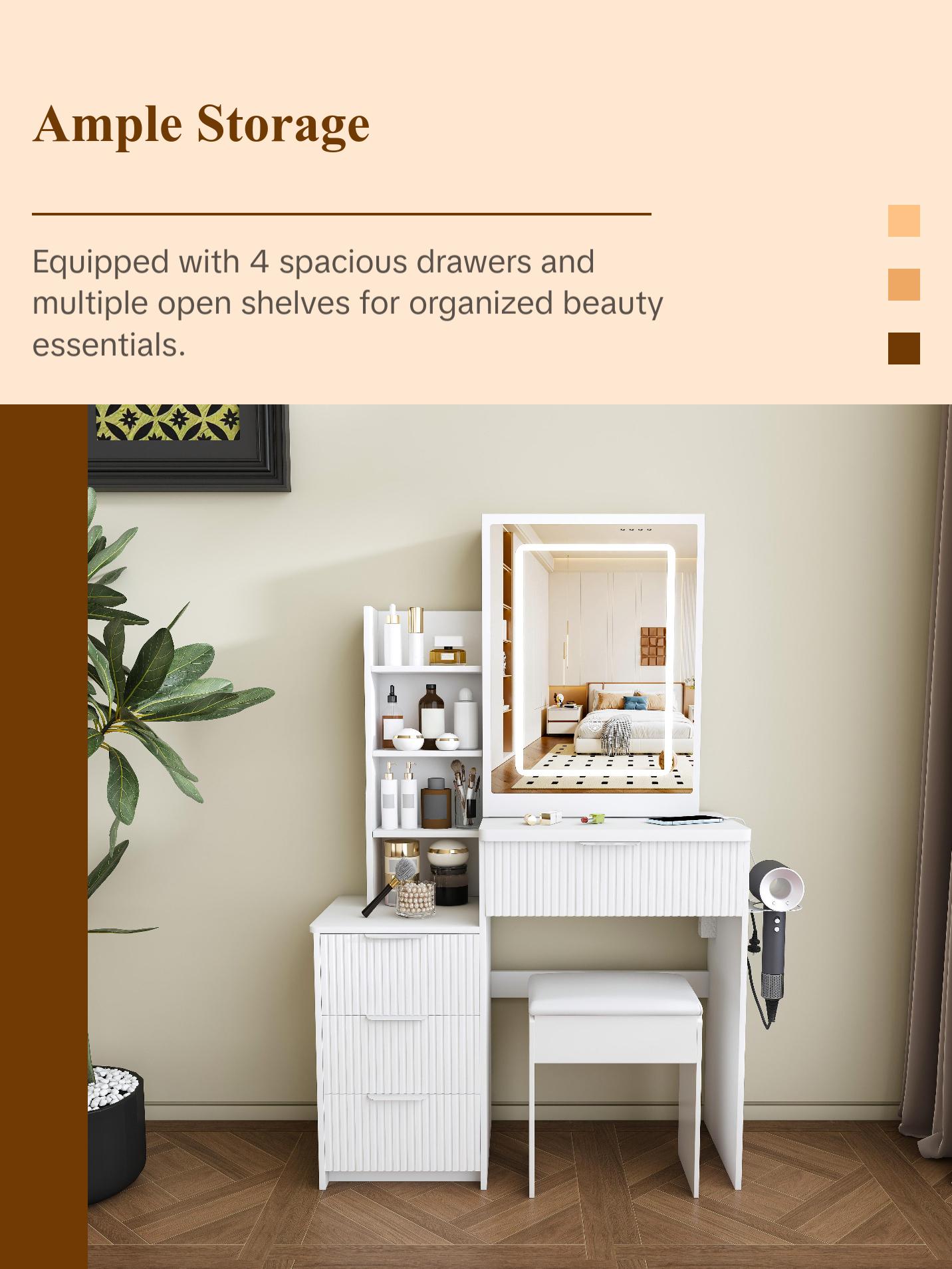 Modern Vanity Desk with LED Lighting 3 Modes & Adjustable Brightness, Makeup Table with 4 Drawers & Storage Shelves, Built-in Power Outlet & Hair Dryer Holder, Easy Assembly