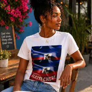 Women's Short-Sleeve Round Neck T-Shirt - Haiti Cheri Waving Flag Graphic, Solid, Comfortable Soft Fabric, Haitian Pride Streetwear Outfits, Everyday Wear