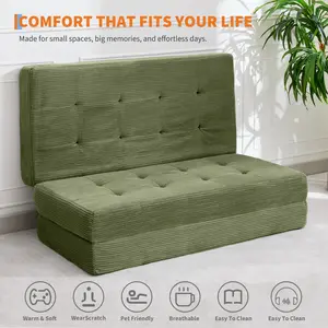 Tri-Fold Corduroy Sofa Bed, 6 Inch Tufted Folding Mattress, Full Size Convertible Sleeper Couch, Supportive Guest Bed for Bedroom, RV or Camping, Available in Black or Grey