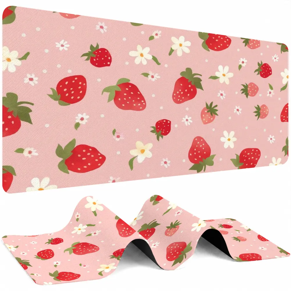 Kawaii Blush Pink Strawberry-Floral Fabric Top Rectangular Mouse Pad - Large Area Fruit-Botanical Desk Mat for Kitchen Counter Organization, Work/Study/Gaming Use