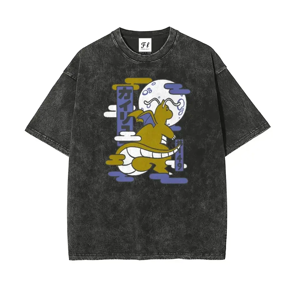 Pocket Monsters Dragonite Japanese Ukiyo-e Style Graphic Washed T-Shirt, Vintage Distressed Oversized Loose Fit Anime Cartoon Casual Streetwear Unisex Harajuku Hip Hop Aesthetic Tee