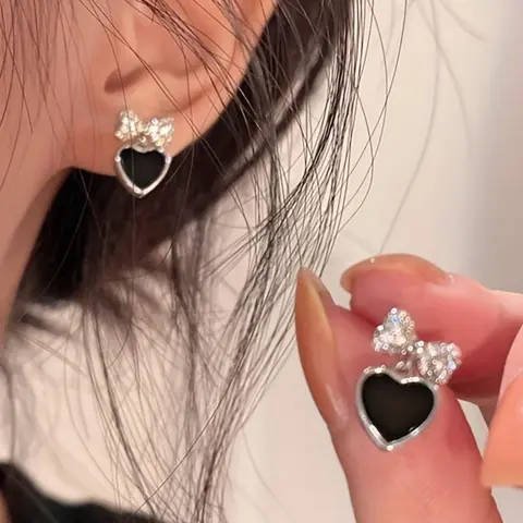 Fashion Heart & Bow Decor Stud Earrings (1 Pair), Ear Studs, Rhinestone Decor Ear Jewelry for Women, Party, Daily Clothing Decor, Jewelry Accessories, Fashionable Accessories
