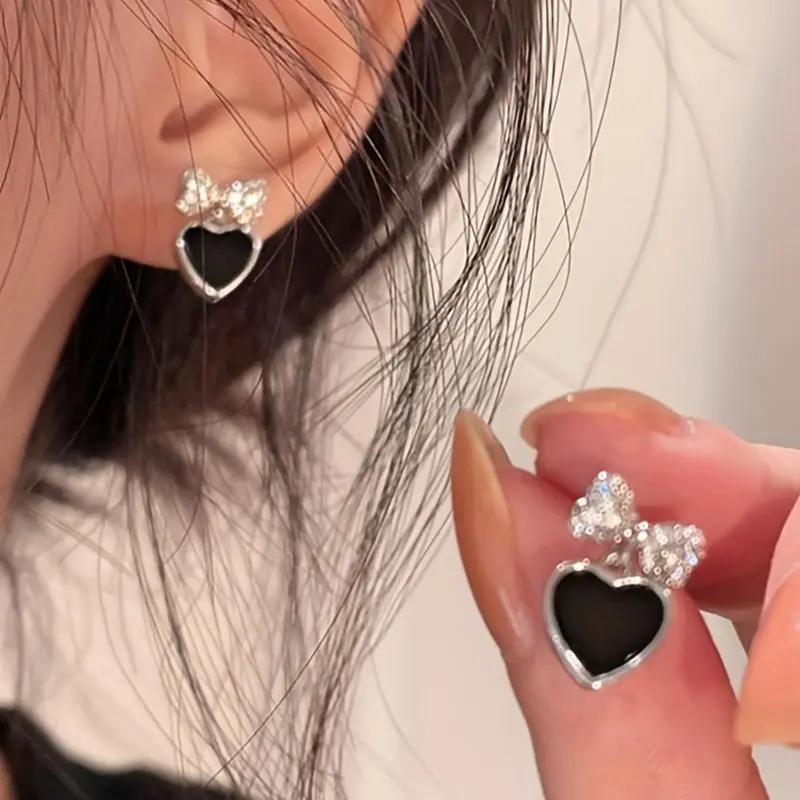 Fashion Heart & Bow Decor Stud Earrings (1 Pair), Ear Studs, Rhinestone Decor Ear Jewelry for Women, Party, Daily Clothing Decor, Jewelry Accessories, Fashionable Accessories