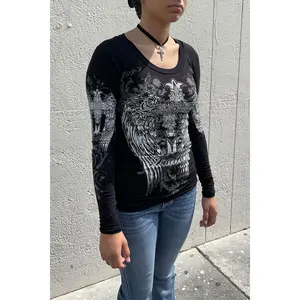 Y2K McBling Cross & Wing Graphic Rhinestone Print Side Shirred Long Sleeve T-Shirt