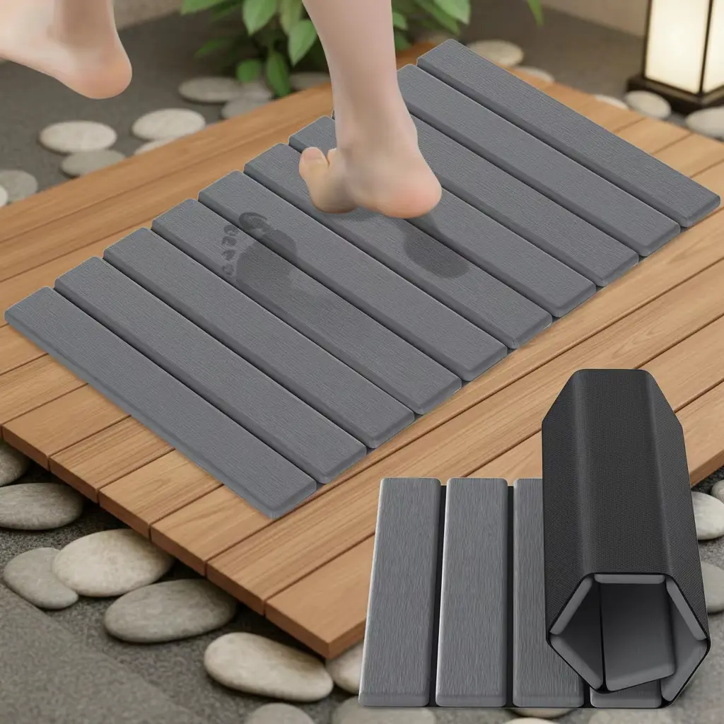 Foldable Rubber Diatomite Stone Bath Mat - Fast-Drying, Non-Slip, Absorbent Floor Mat for Bathroom Showers, Rectangle