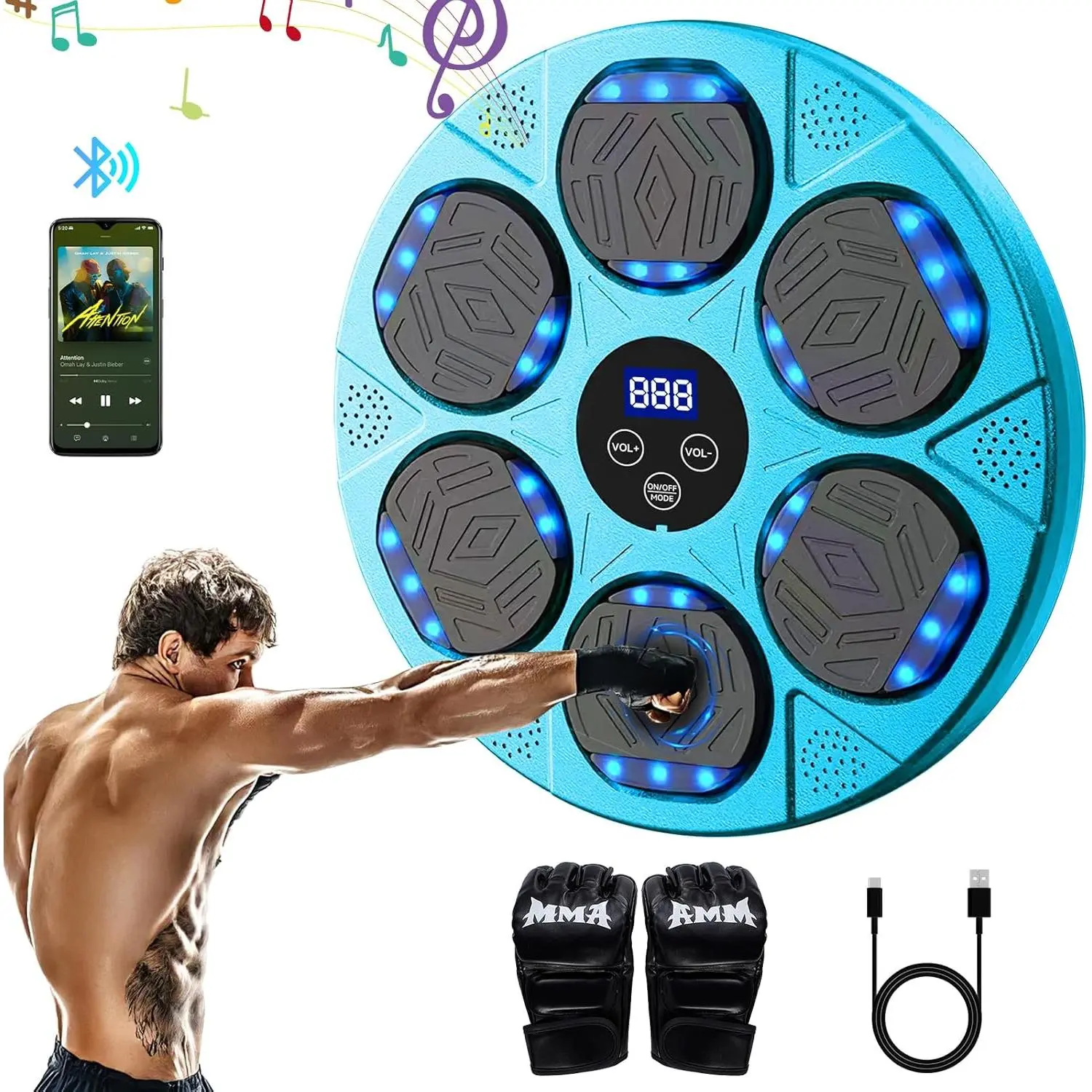 Bluetooth Smart Music Boxing Machine for Adults - 9 Speed Mode Electronic Wall-Mounted Home Gym Equipment with Gloves, USB Charging, Easy Installation, Improves Stamina & Muscle Strength