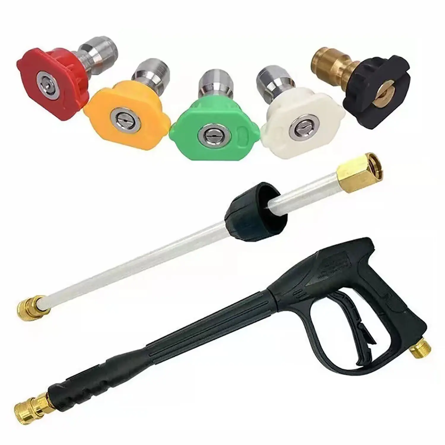 High Pressure Washer Gun - 2100psi Power Spray Gun with 1/4-in Interface, 5 Quick Connect Nozzles, M22-14Mm Inner Connector Fitting, Safety Lock, Easy Swap, 5 Tip Spray Modes, Extreme Water Pressure Tool for Car Washing, Reach Tight Spots