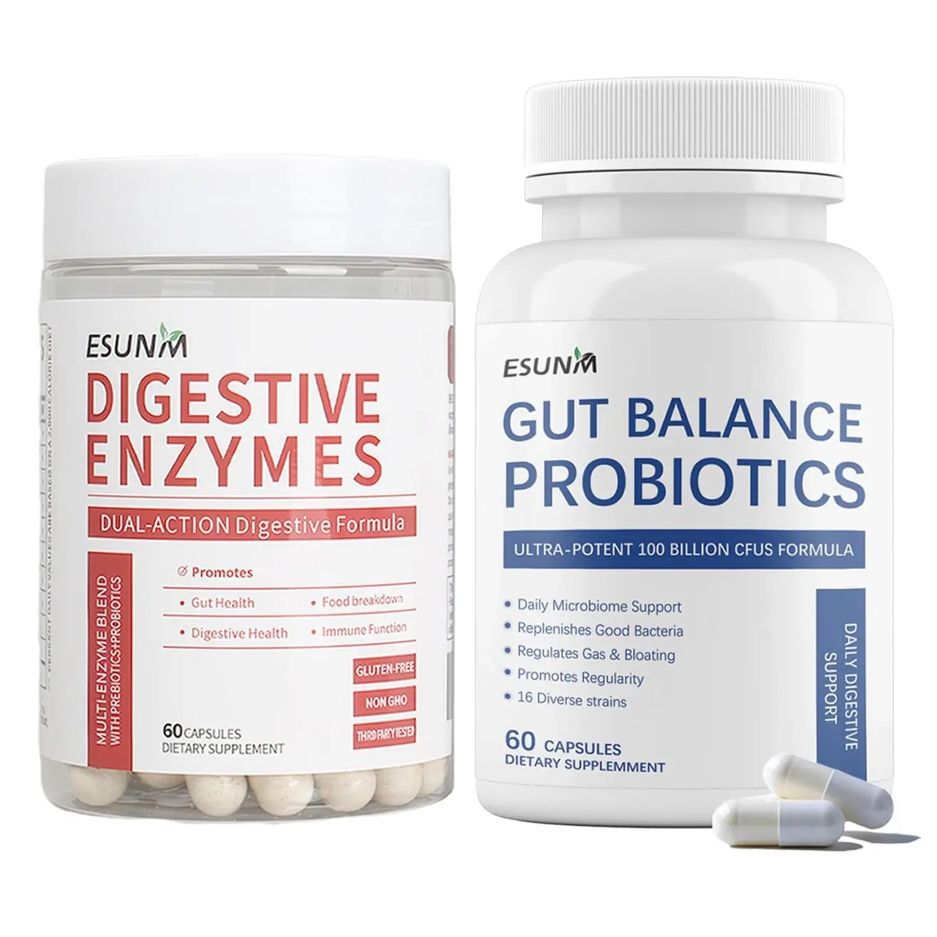 ESUNM Digestive Enzymes 60ct & Probiotics 100 Billion CFU Bundle for Gut Health Relief from Bloating Gas Natural Remedies Dietary Supplement - Bathroom