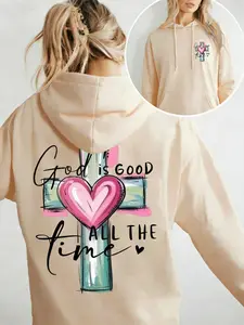 Women's letter slogan and heart cross print Christian faith hooded sweater, slogan print of "God is always good", Long Sleeves, suitable for autumn and winter, Womenswear