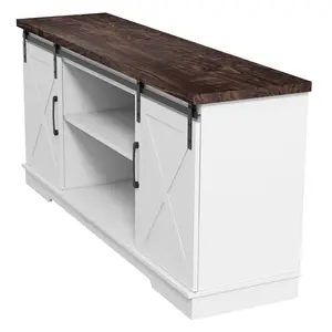 Modern Farmhouse TV Stand for 65 Inch TV – Tall Entertainment Center with Sliding Barn Doors, Storage Shelves – Grey or White Media Console for Living Room or Bedroom