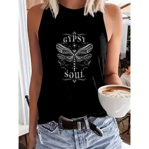 Women' Boho Sleeveless Round Neck Tank Top - Gypsy Soul Dragonfly Print Blouse Suitable for Everyday Casual Wear, Coffee Outfits, Bohemian Style, Machine Washable Non- Shirt for Layering or Use